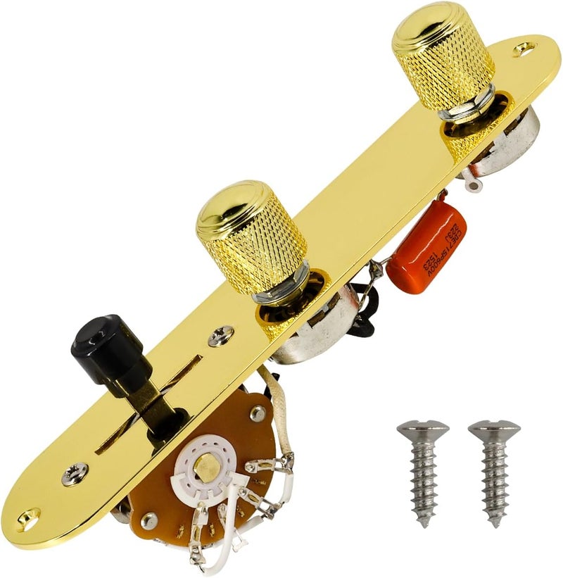 Domofa Loaded Guitar Control Plate Prewired 3-Way Switch 250K Large Potentiometers Knurled Volume Tone Controls Knobs for Tele/Telecaster Electric Guitar Parts Replacement (Gold) - Image 1